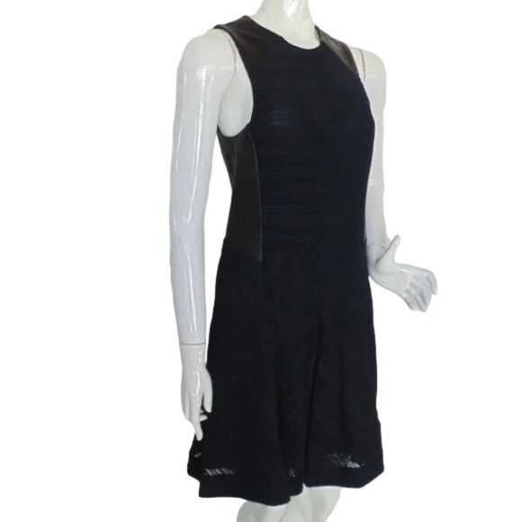 RAG & BONE Basha Dress, 8, Black Leather Trim, Navy Semi-sheer, Fit & Flare - Picture 5 of 14